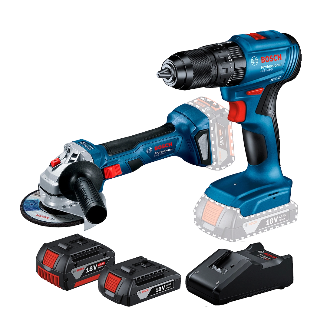 Taladro Percutor Inalámbrico Bosch 1/2" 54Nm GSB 185 LI + Pulidora Bosch GWS 180-Li + 2 Bat + Cargador