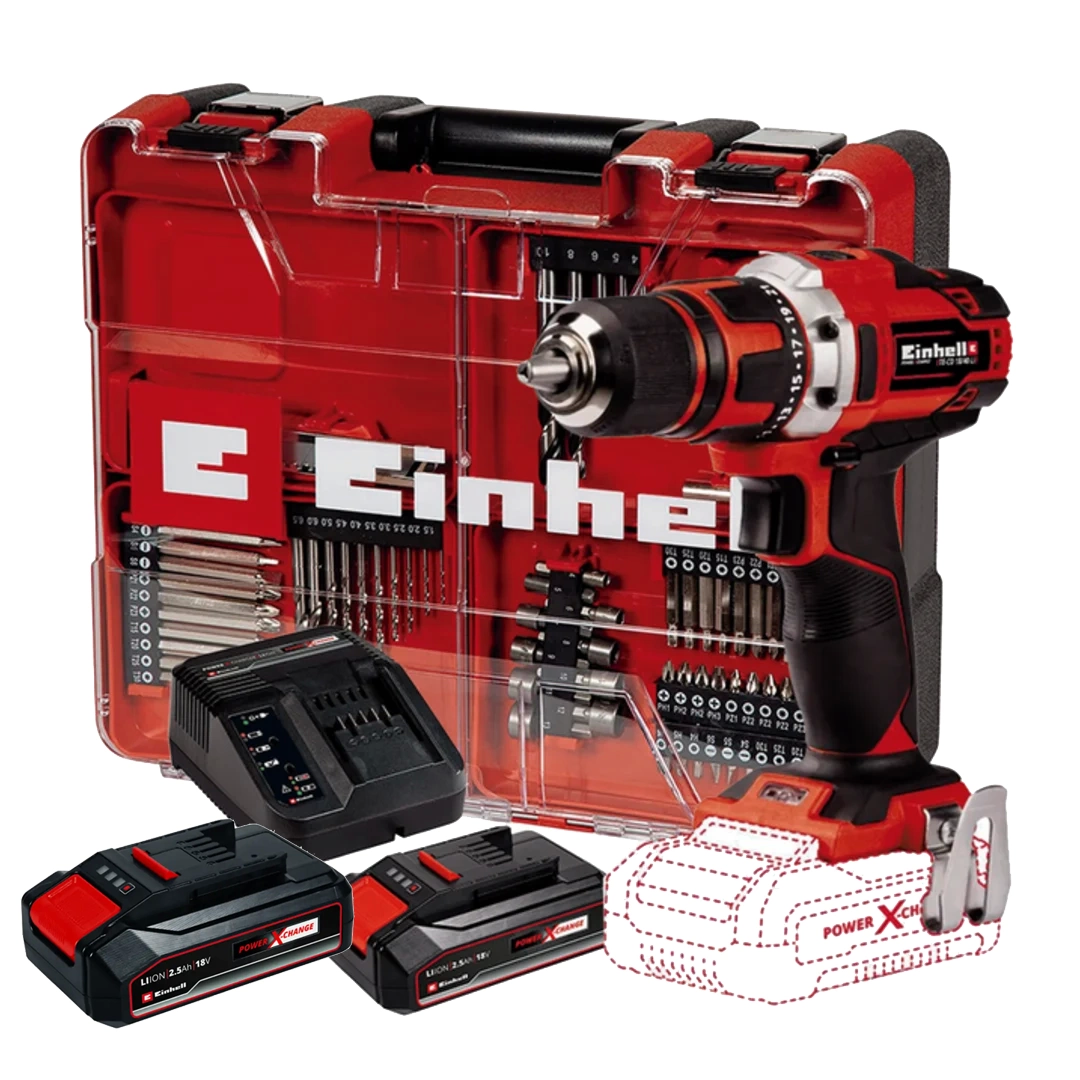 Taladro de Rotación Inalámbrico + 2 Batería + Cargador + 69Pc 1/2″ 40Nm Einhell TE-CD 18/40 Li KIT  4513958-1