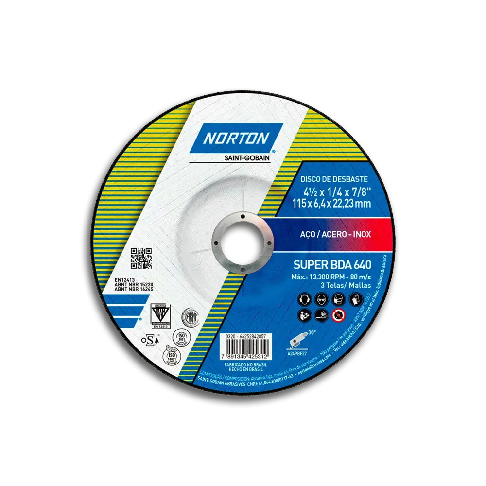 Disco Desbaste Norton Acero/Inox T27 BDA640 4-1/2"x1/4"x7/8" (115x6,4x22,23mm)